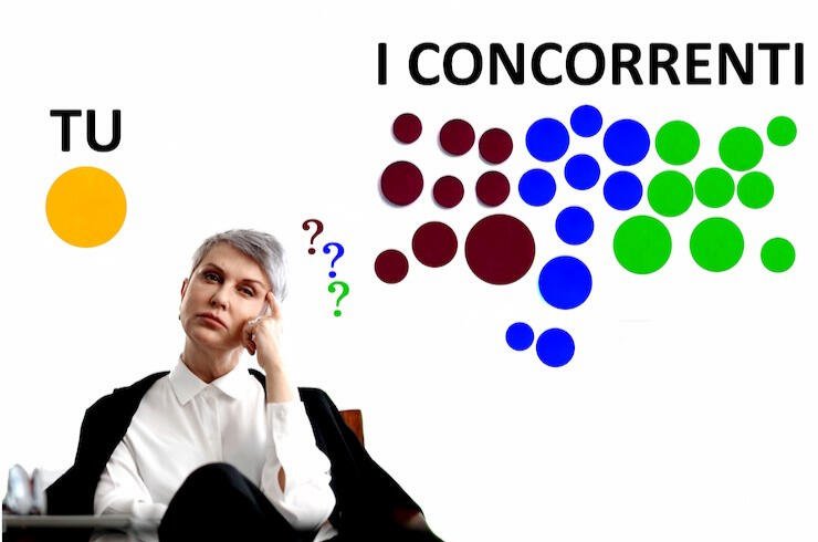 Competizione con i concorrenti. Il cliente ha il dubbio della scelta e valuta tutti i tuoi concorrenti. Un cliente con il dubbio se comprare da te o dai concorrenti.